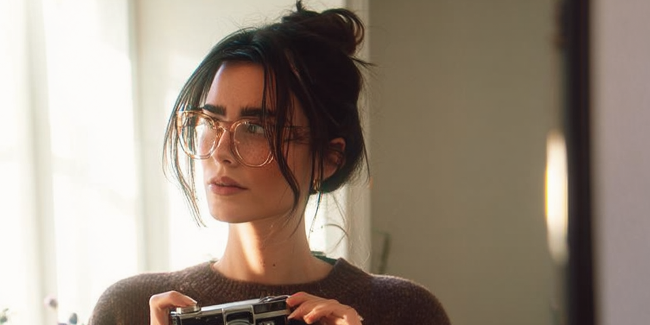 Woman in glasses holding camera during quiet self-reflection – inlafete